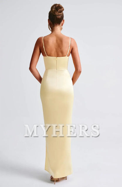 Elegant Spaghetti Strap Pleated cups Body Hugging Thigh High Split Dresses Bridesmaid Dresses Wedding Guests Dresses
