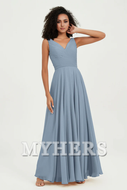 MY HERS Chiffon A-Line V-Neck Pleated Sleeveless Floor-Length Elegant Simple Wedding Guests Dresses