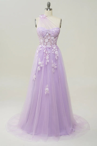 My Hers Ladies Formal Dress Exquisite A Line One Shoulder With Romantic Appliques Long Prom Dress