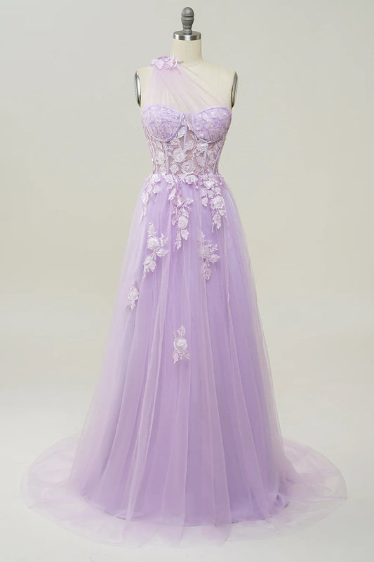 My Hers Ladies Formal Dress Exquisite A Line One Shoulder With Romantic Appliques Long Prom Dress