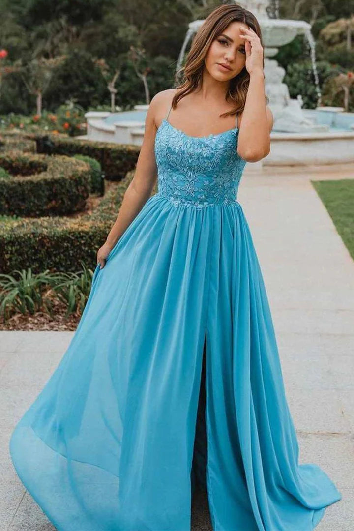 Straps Appliques Lace-Up Back Prom Dress