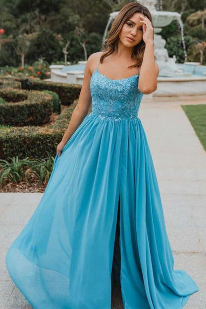 Straps Appliques Lace-Up Back Prom Dress