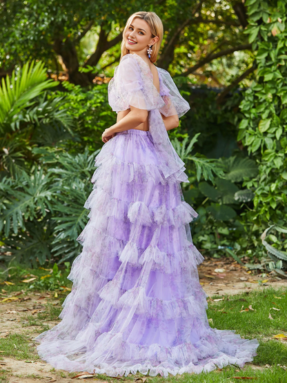 Tiered Dress Floral Two Piece Tulle Slit Prom Dress