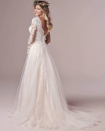 New Pattern Wedding Dress V Neck Mermaid Lace Long sleeves Beach Bridal Dress Formal Women's Dresses