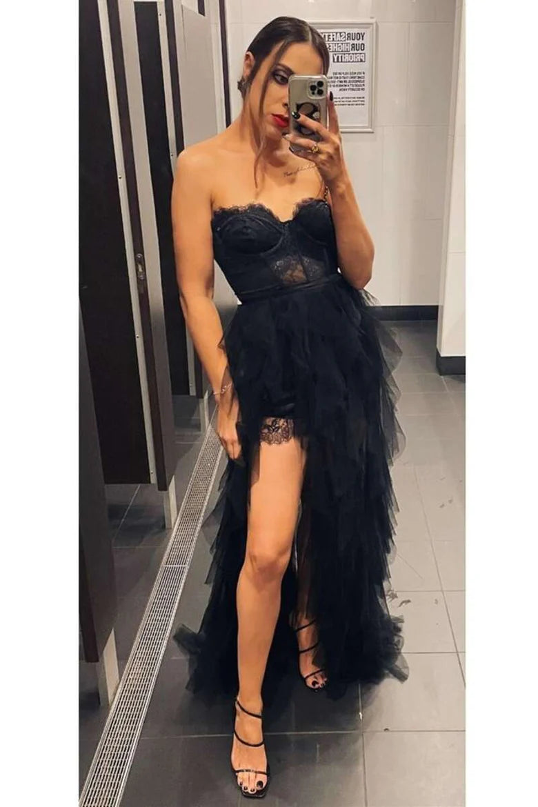 Lace Bustier Tiered Long Prom Dress with Slit