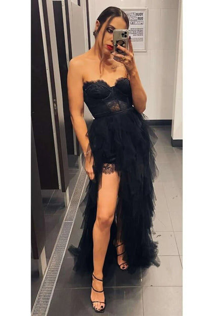 Lace Bustier Tiered Long Prom Dress with Slit