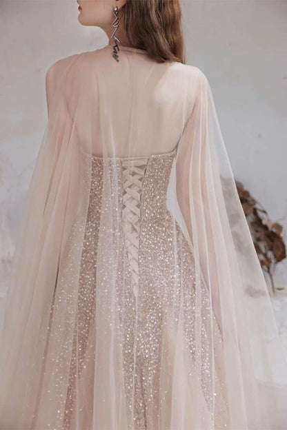 Gradient  Tulle Strapless Prom Gown with Cape