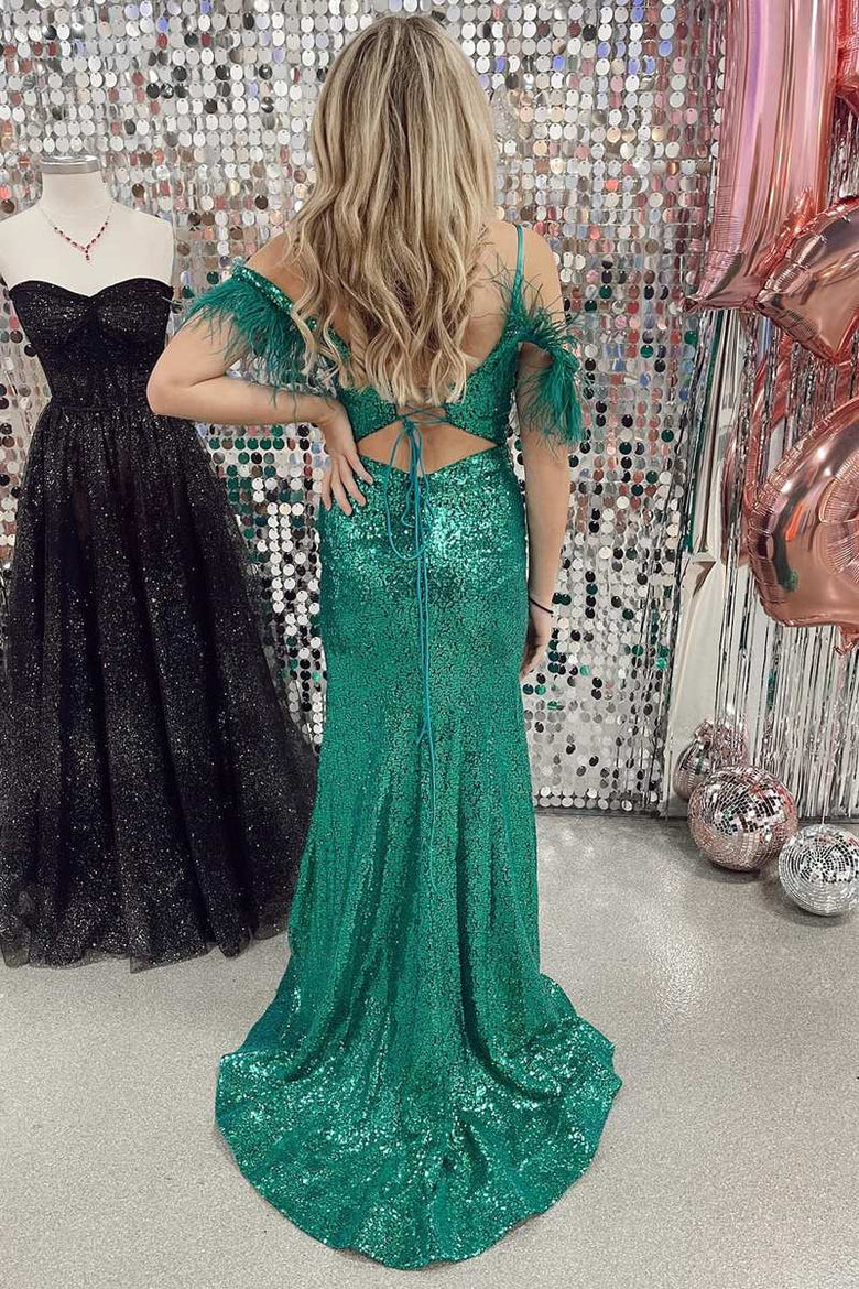 Feather Cold-Shoulder Mermaid Long Formal Dress with Slit