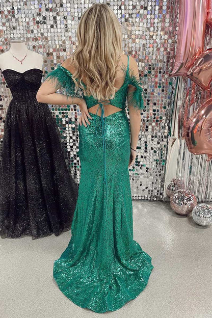 Feather Cold-Shoulder Mermaid Long Formal Dress with Slit