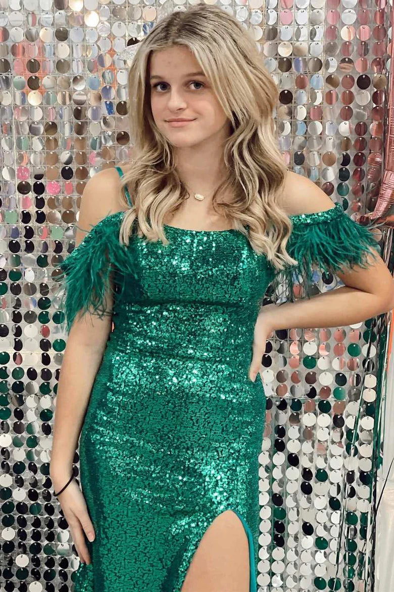 Feather Cold-Shoulder Mermaid Long Formal Dress with Slit