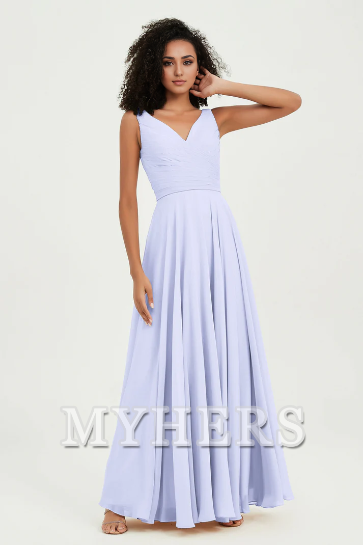 MY HERS Chiffon A-Line V-Neck Pleated Sleeveless Floor-Length Elegant Simple Wedding Guests Dresses