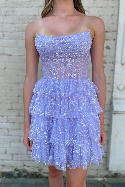 Tulle Beaded Strapless Tiered Short Gown