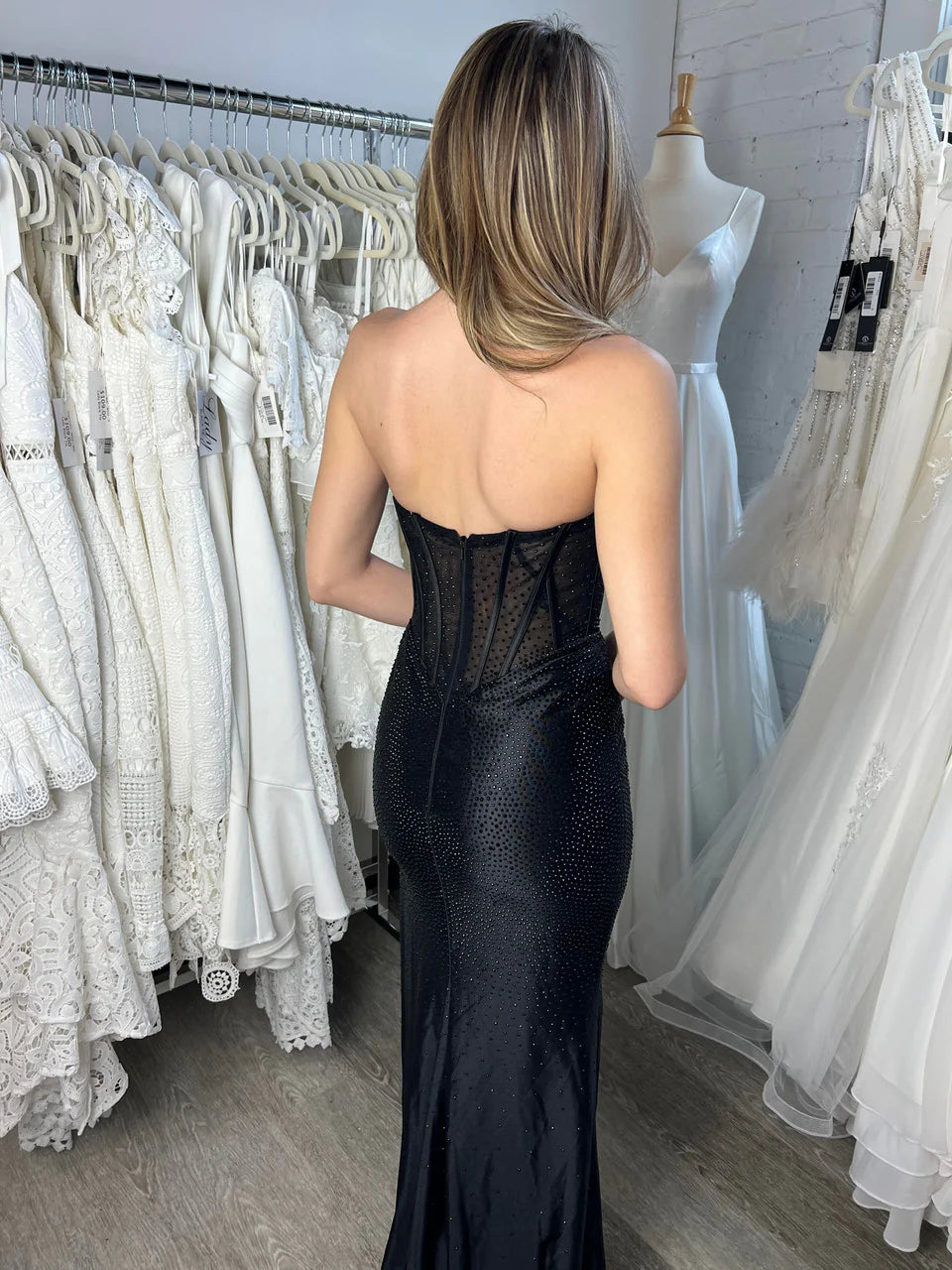 Evening Dress Strapless Sequins Backless Side leg fork Black Formal Dress Wedding Guest Dress