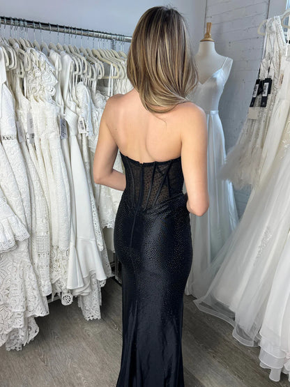 Evening Dress Strapless Sequins Backless Side leg fork Black Formal Dress Wedding Guest Dress