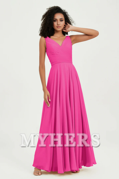 MY HERS Chiffon A-Line V-Neck Pleated Sleeveless Floor-Length Elegant Simple Wedding Guests Dresses