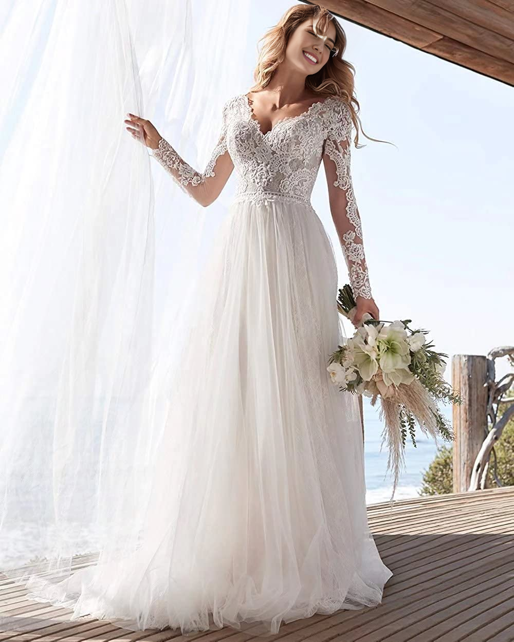 New Pattern Wedding Dress V Neck Mermaid Lace Long sleeves Beach Bridal Dress Formal Women's Dresses