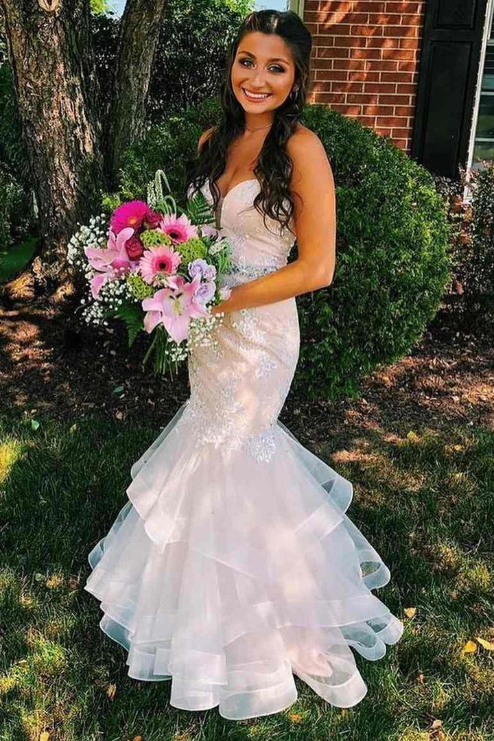 Strapless Appliques Tiered Trumpet Prom Dress