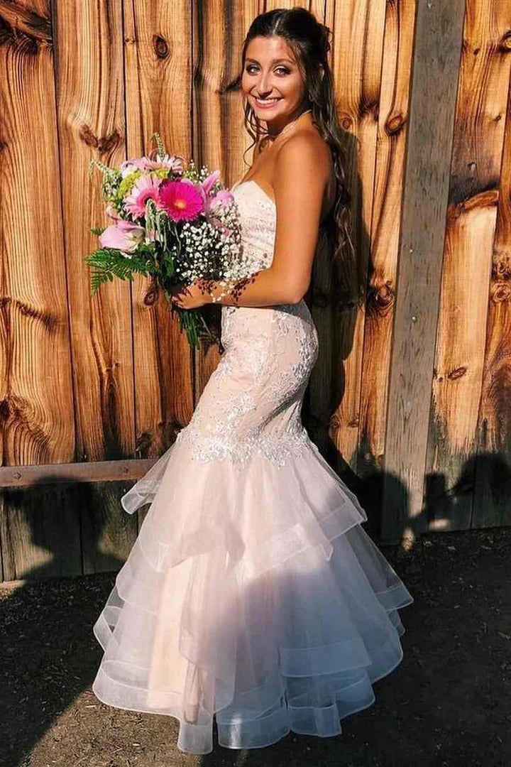 Strapless Appliques Tiered Trumpet Prom Dress