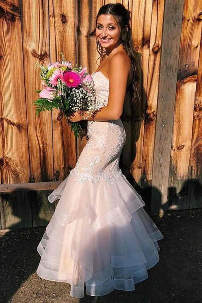 Strapless Appliques Tiered Trumpet Prom Dress