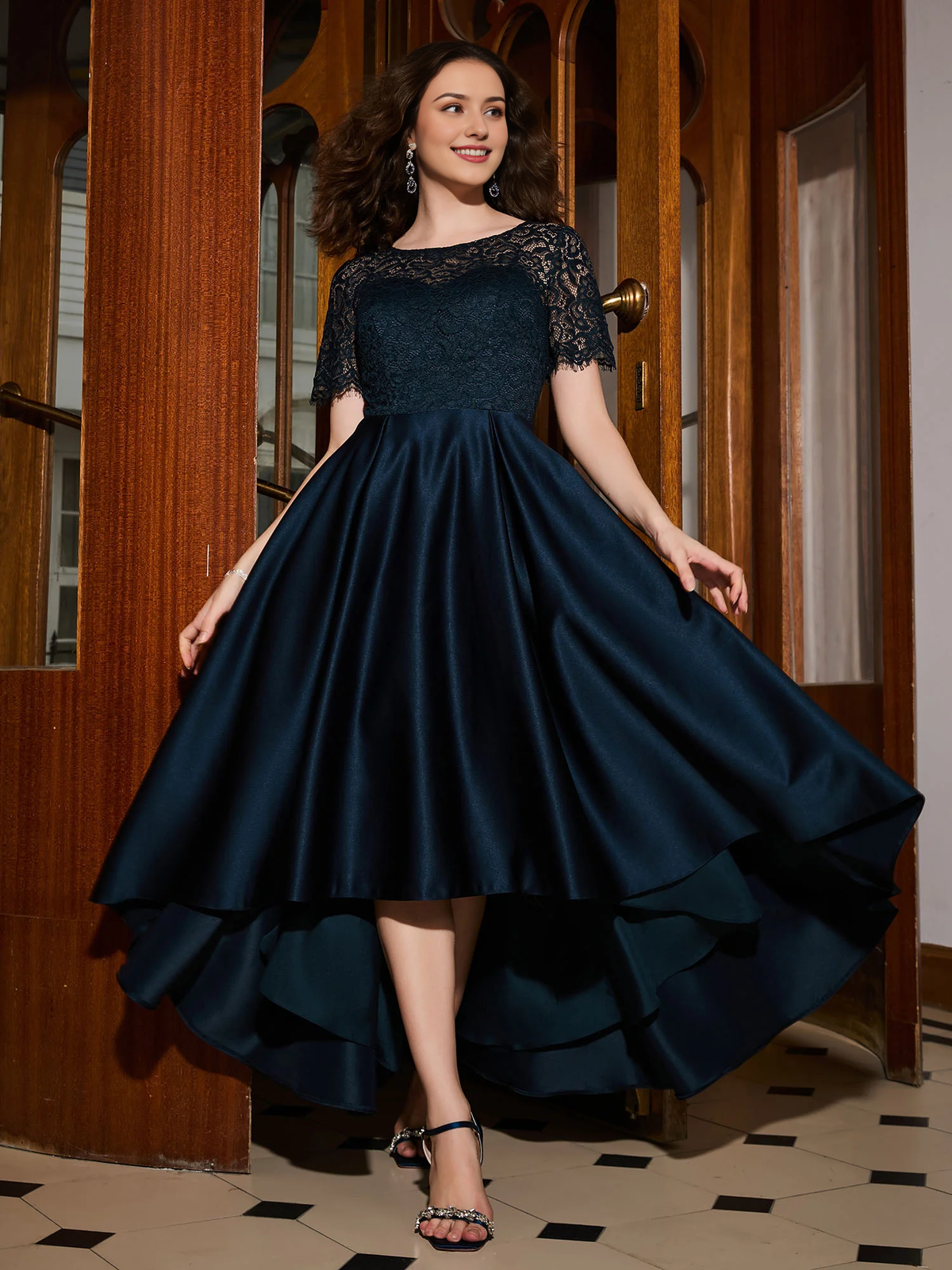 Asymmetrical Dress A-Line Short Sleeve Lace Pleated Prom Dress
