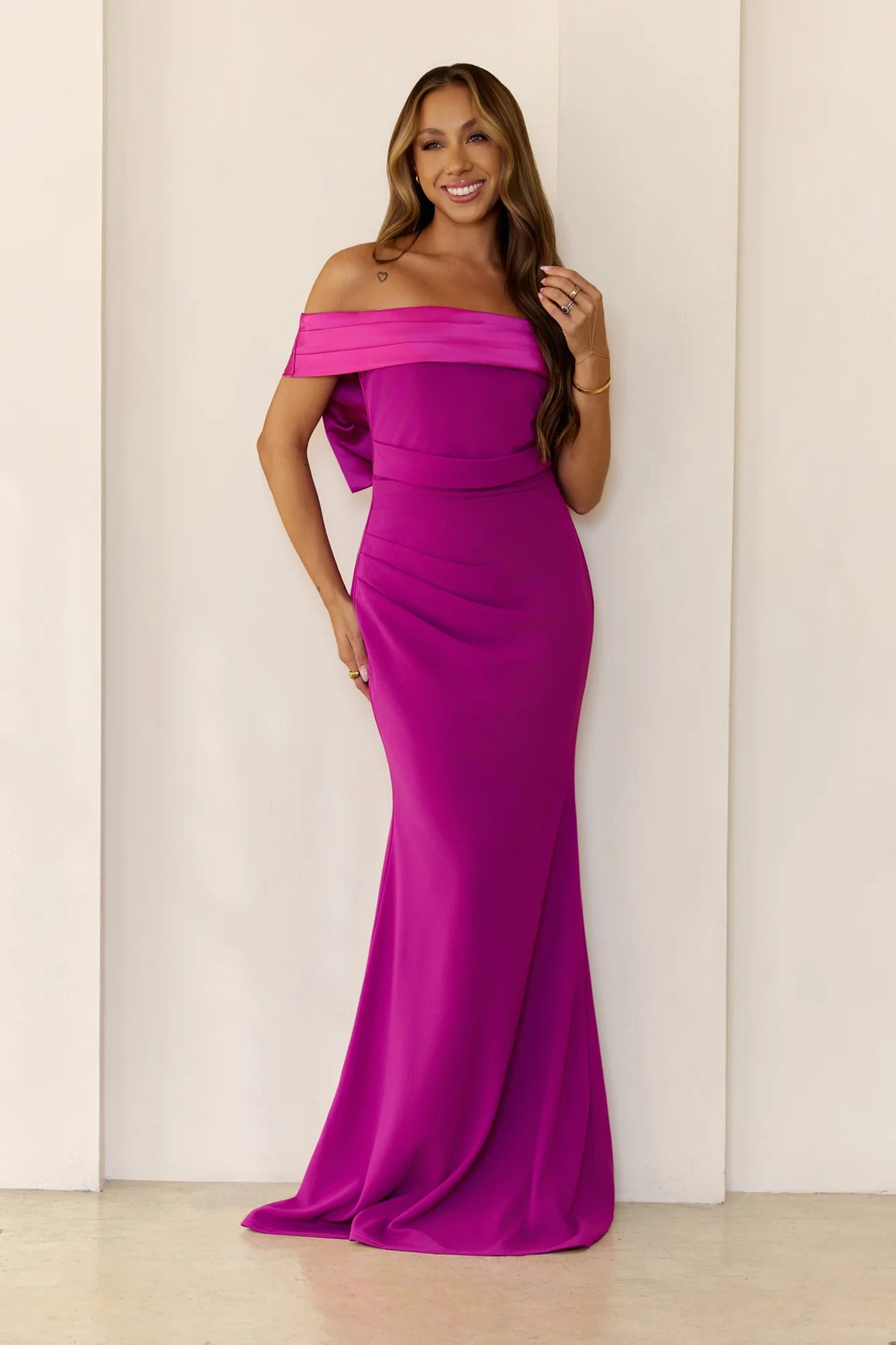 Fuchsia Satin Maxi Prom Dresses with Off Shoulder Satin Trim Ruched Waist Oversized Back Bow for Prom and Red Carpet