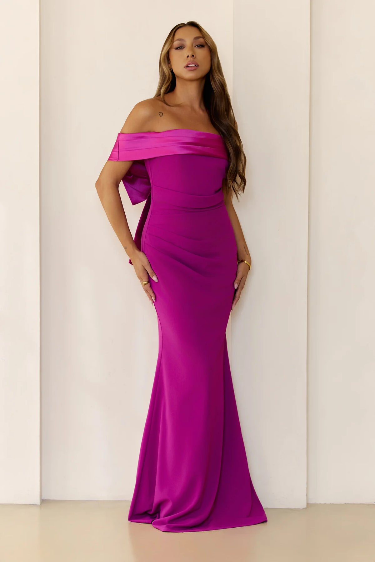 Fuchsia Satin Maxi Prom Dresses with Off Shoulder Satin Trim Ruched Waist Oversized Back Bow for Prom and Red Carpet