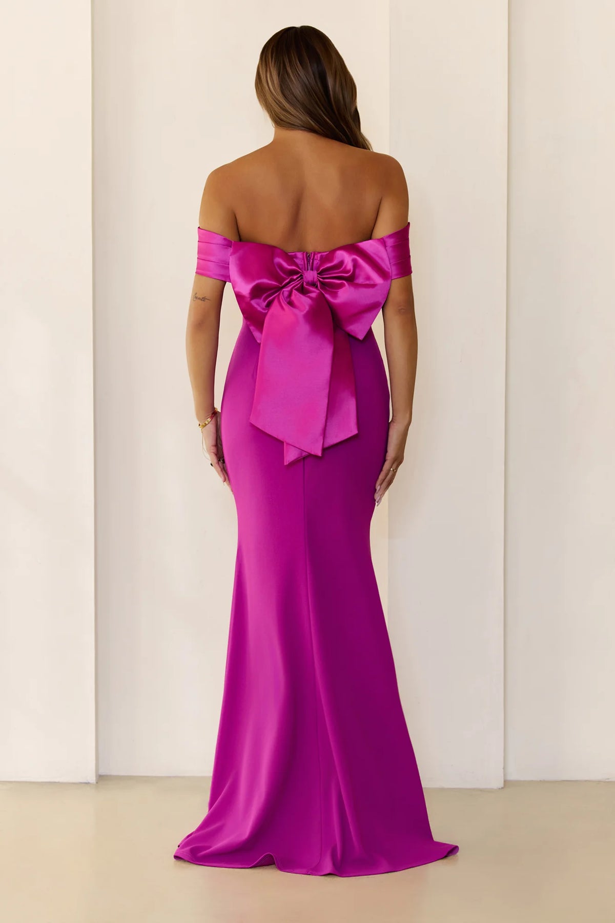 Fuchsia Satin Maxi Prom Dresses with Off Shoulder Satin Trim Ruched Waist Oversized Back Bow for Prom and Red Carpet