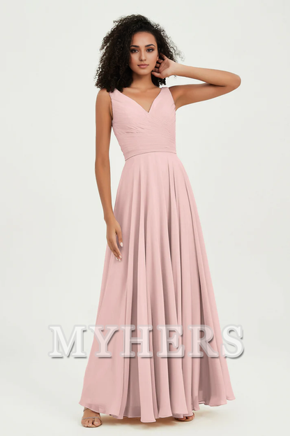 MY HERS Chiffon A-Line V-Neck Pleated Sleeveless Floor-Length Elegant Simple Wedding Guests Dresses