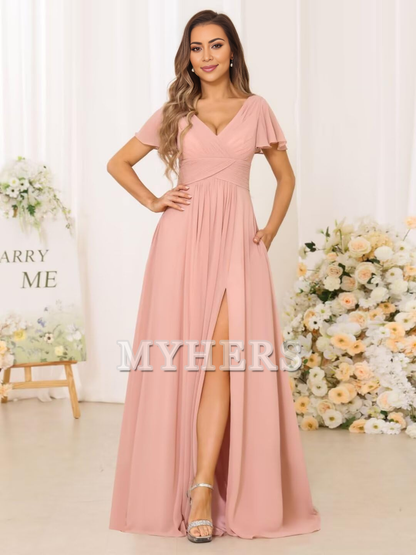 Exquisite V Neck Pleated Side Slit Romantic Bridesmaid Dresses Wedding Guests Dresses
