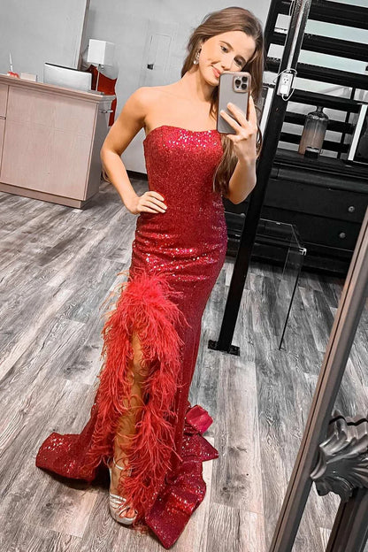 Sequin Feather Strapless Mermaid Long Prom Dress with Slit