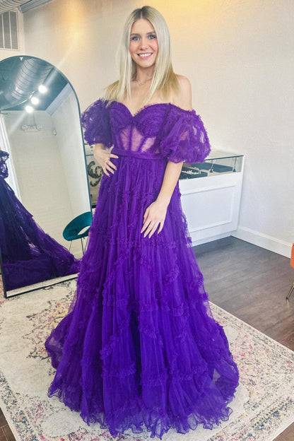 Sheer Corset Ruffles A-Line Prom Dress with Puff Sleeves