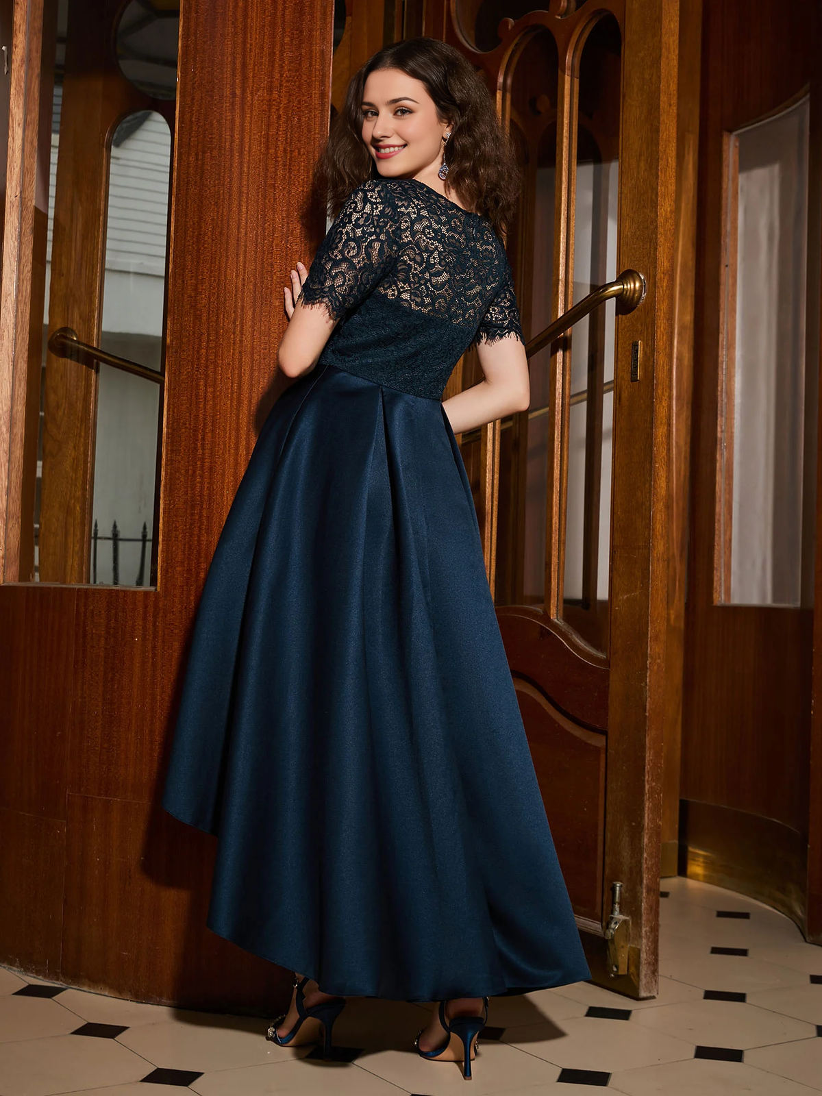 Asymmetrical Dress A-Line Short Sleeve Lace Pleated Prom Dress