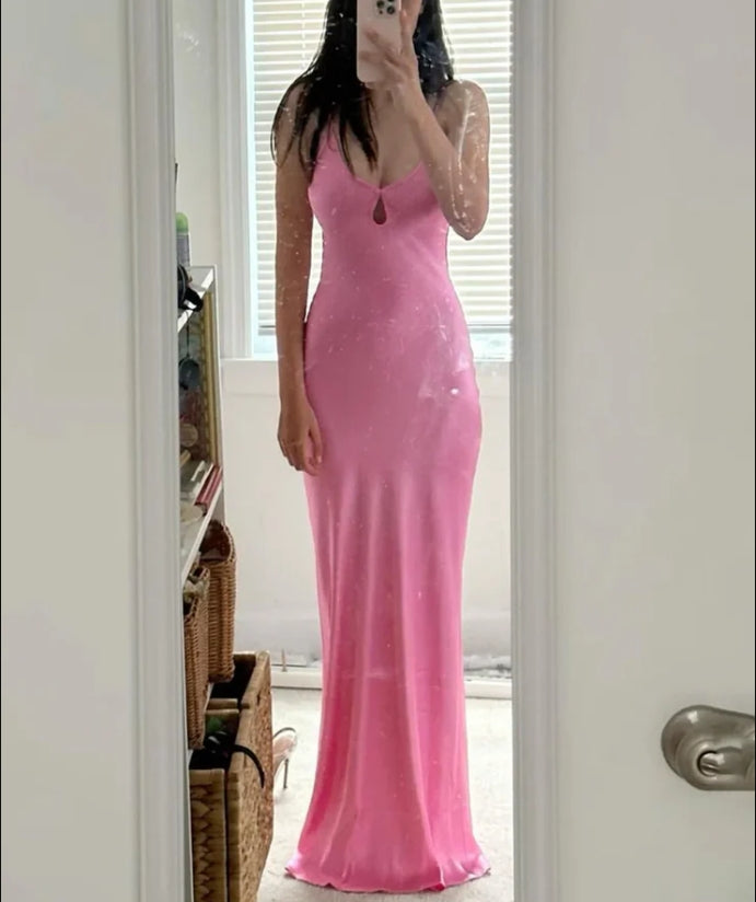 My Hers Ladies Formal Dress Elegant Sheath V Neck Spaghetti Strap Satin Backless Long Simple Prom Dress