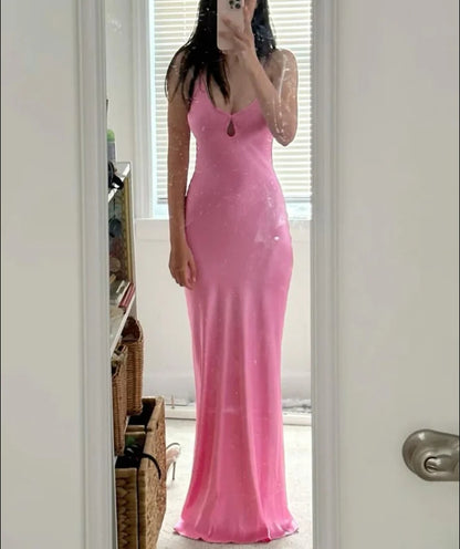 My Hers Ladies Formal Dress Elegant Sheath V Neck Spaghetti Strap Satin Backless Long Simple Prom Dress