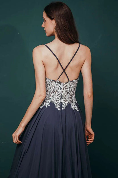 A-line Lace Applique Chiffon Long Prom Dress
