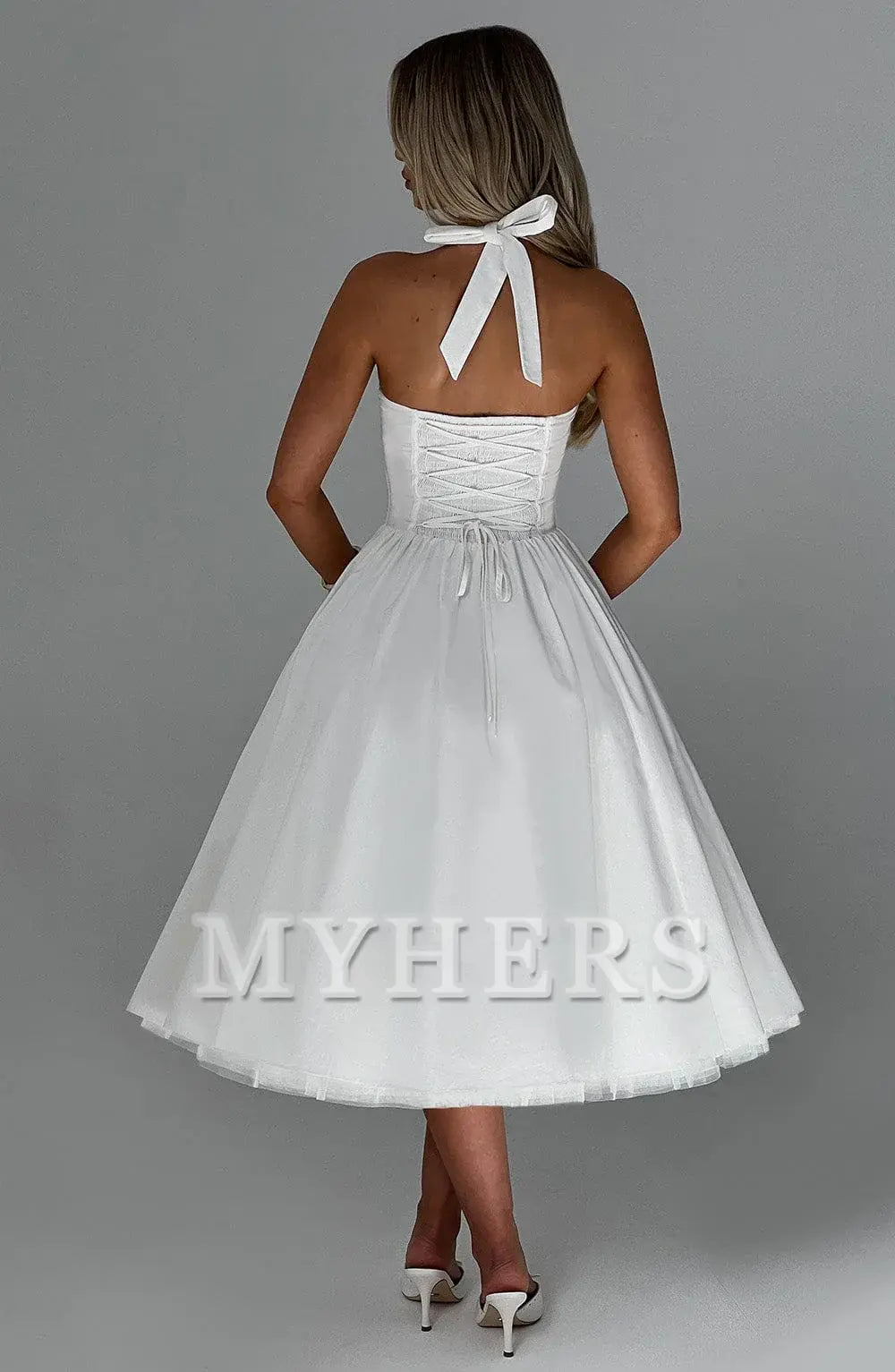 A Line Square Neckline Halter Tea-Length Dresses Elegant Youthful Bridesmaid Dresses Wedding Guests Dresses