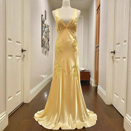My Hers Prom Dress Mermaid Deep V Neck Satin Applique Elegant Backless Long Luxury Ladies Formal Dress