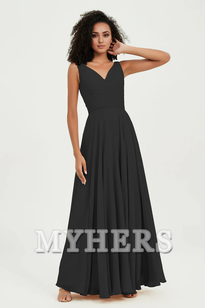 MY HERS Chiffon A-Line V-Neck Pleated Sleeveless Floor-Length Elegant Simple Wedding Guests Dresses