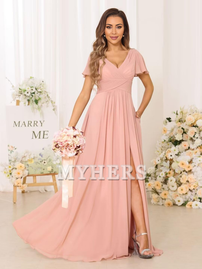 Exquisite V Neck Pleated Side Slit Romantic Bridesmaid Dresses Wedding Guests Dresses