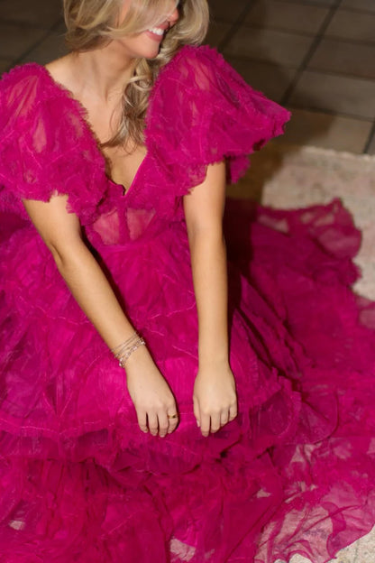 Sheer Corset Ruffles A-Line Prom Dress with Puff Sleeves