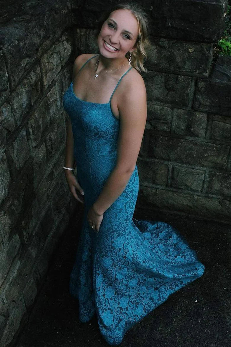 Straps Mermaid Lace Long Prom Dress