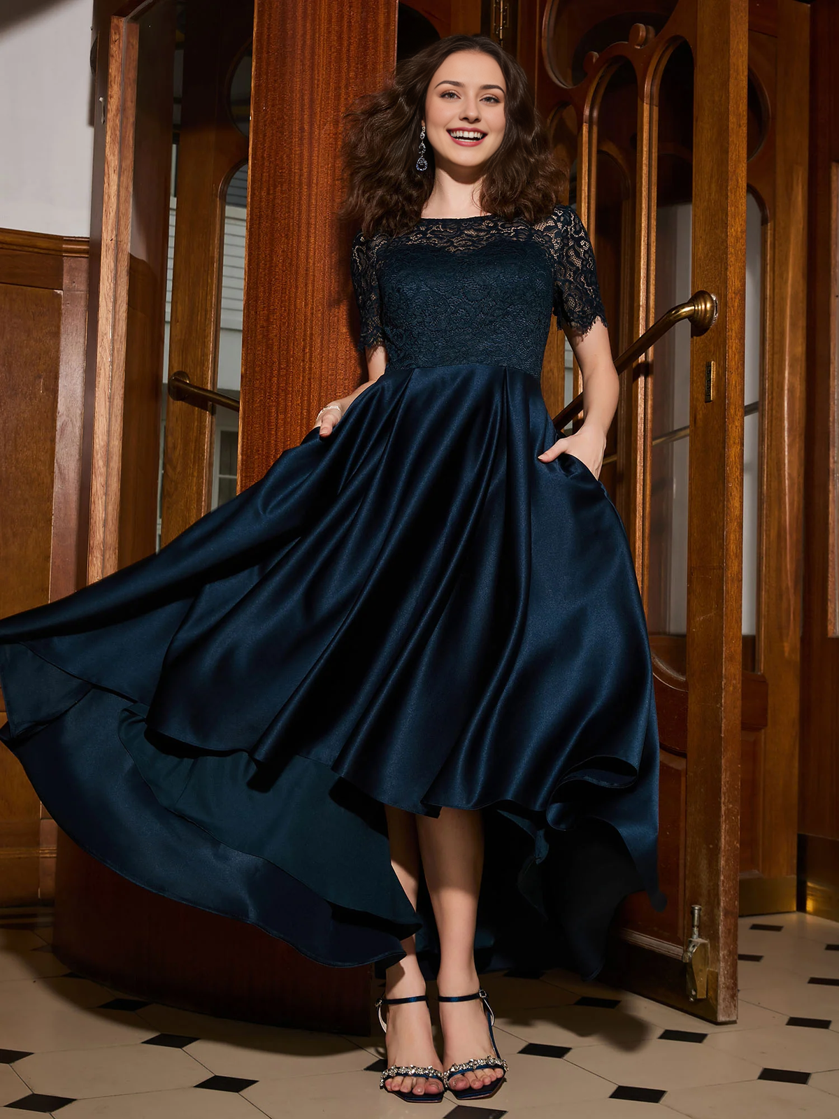 Asymmetrical Dress A-Line Short Sleeve Lace Pleated Prom Dress