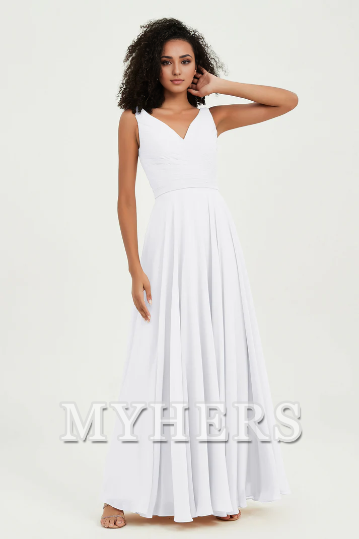 MY HERS Chiffon A-Line V-Neck Pleated Sleeveless Floor-Length Elegant Simple Wedding Guests Dresses