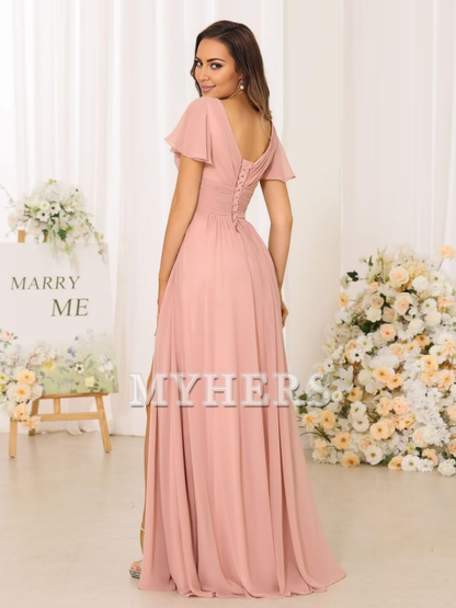 Exquisite V Neck Pleated Side Slit Romantic Bridesmaid Dresses Wedding Guests Dresses