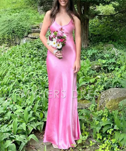 My Hers Ladies Formal Dress Elegant Sheath V Neck Spaghetti Strap Satin Backless Long Simple Prom Dress