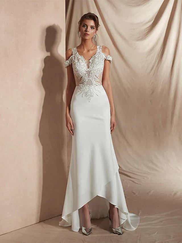 Mermaid Trumpet Wedding Dresses V Neck Asymmetrical Matte Satin Short Sleeve Casual Sexy Illusion Detail Modern with Appliques
