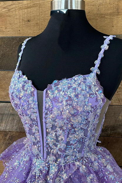 Tulle Sequin Lace-Up Tiered Short Gown