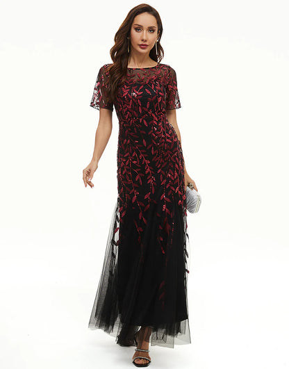 Leaves Sequins Mother Dress with Short Sleeves