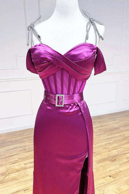 Sweetheart Belted A-Line Prom Dress with Slit