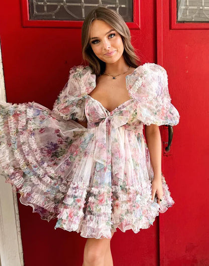 A-Line Sweetheart Puff Sleeves Blue Floral Short Homecoming Dress with Ruffles